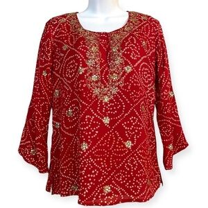 Red Silk Beaded Sequins Tunic Top Blouse Size Medium Romantic Feminine Festive